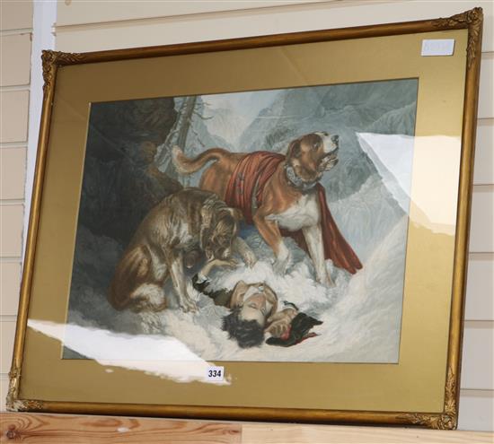 After Edwin Landseer, chromolithograph, St Bernards rescuing an avalanche victim, 43 x 59cm